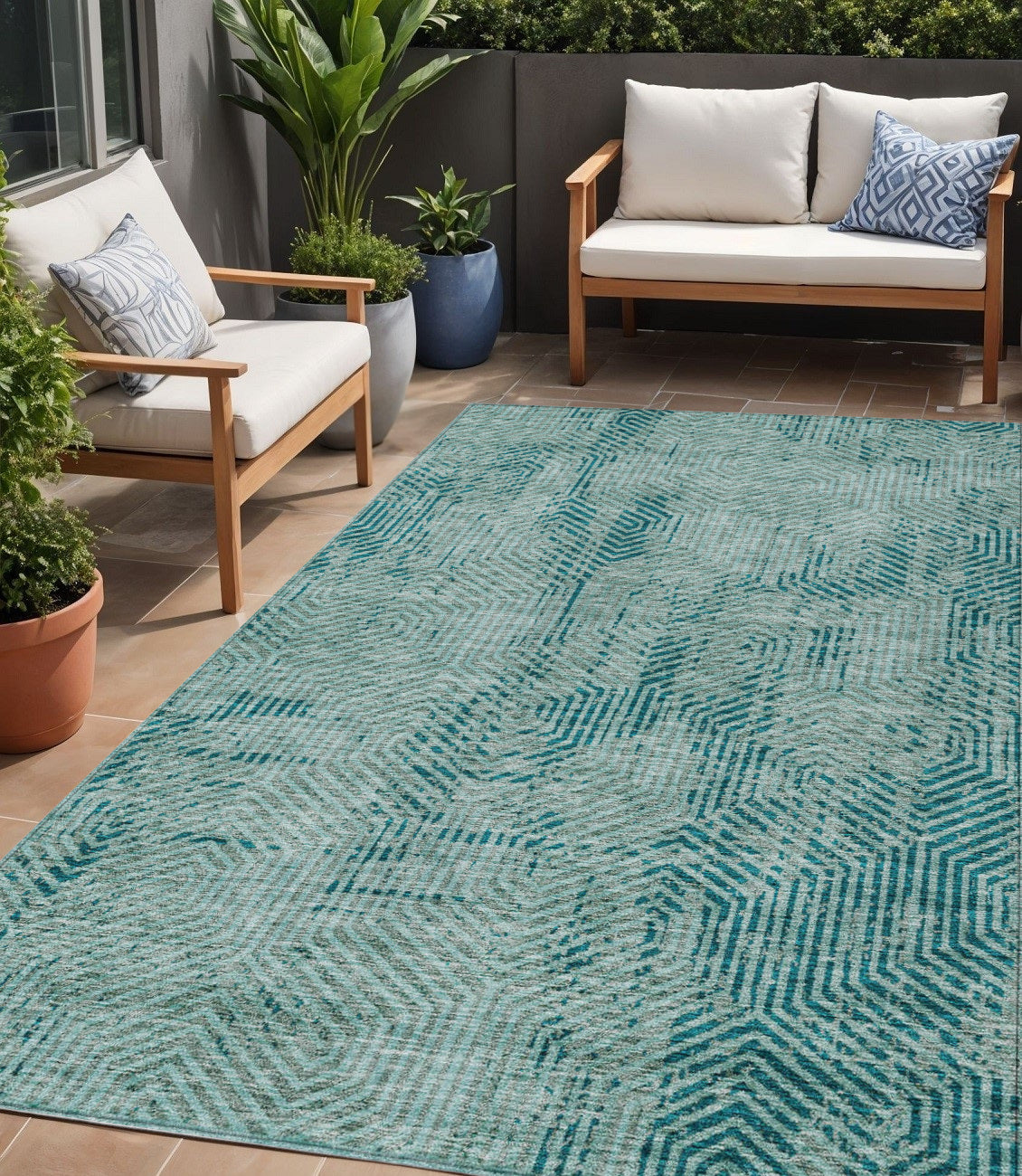 5 X 8 Teal Blue And Gray Geometric Washable Indoor Outdoor Area Rug