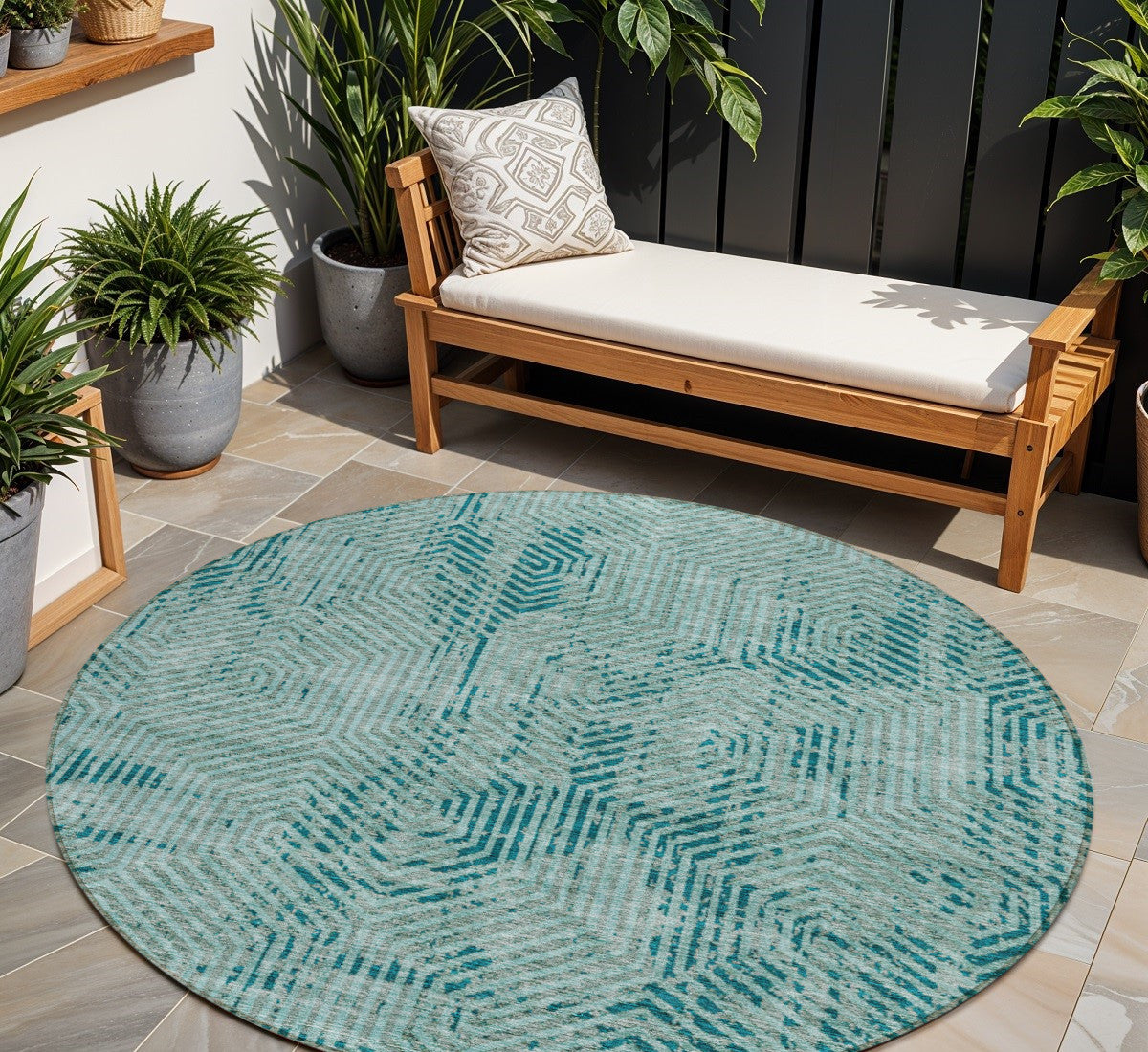 8 Teal Blue And Gray Round Geometric Washable Indoor Outdoor Area Rug