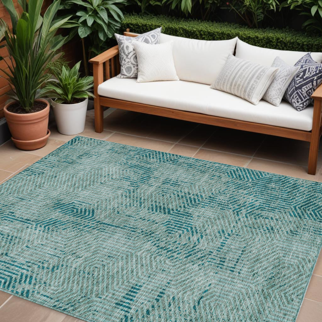 10 X 14 Teal Blue And Gray Geometric Washable Indoor Outdoor Area Rug