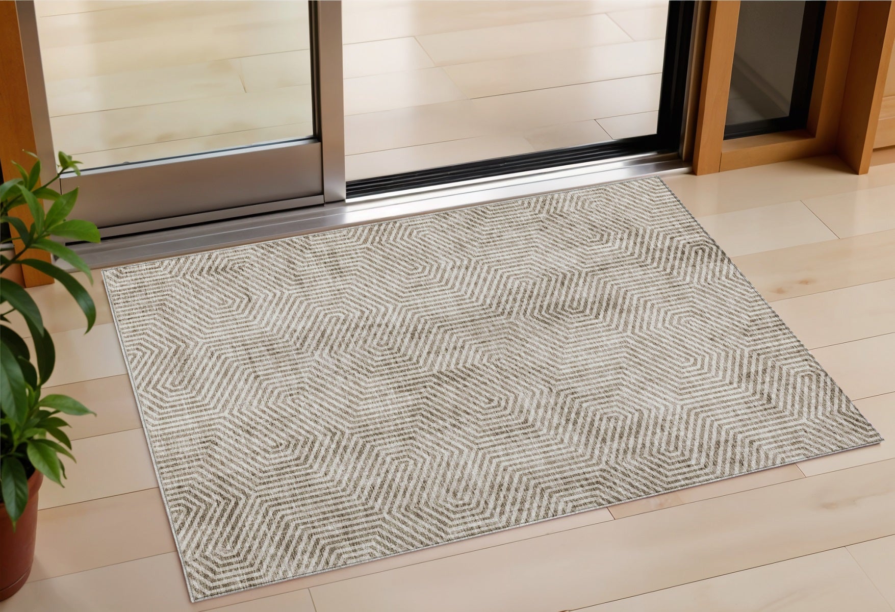 3 X 5 Taupe And Beige Geometric Washable Indoor Outdoor Area Rug