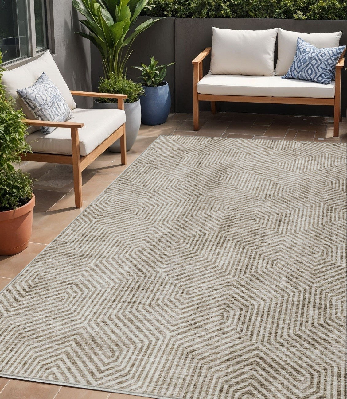 5 X 8 Taupe And Beige Geometric Washable Indoor Outdoor Area Rug