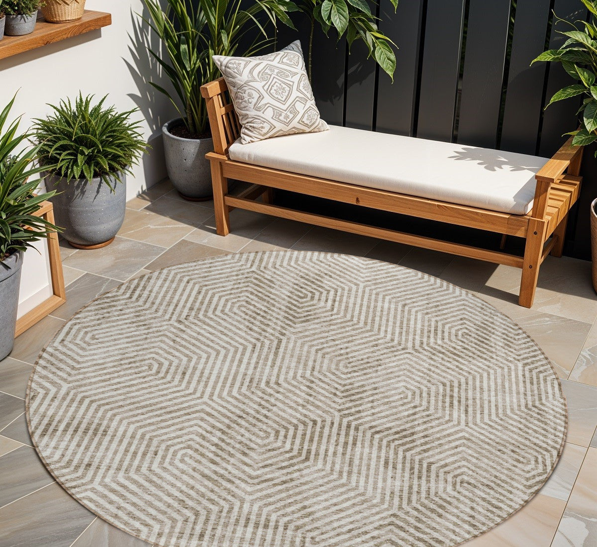 8 Taupe And Beige Round Geometric Washable Indoor Outdoor Area Rug