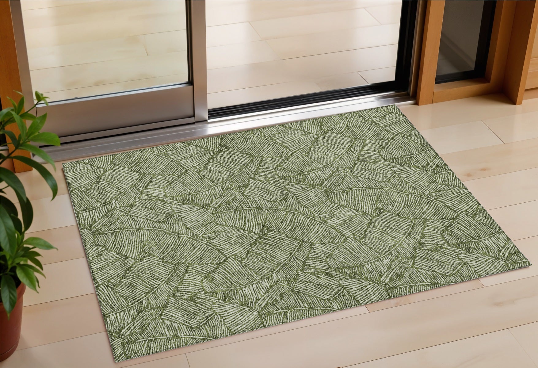 3 X 5 Olive Green And Light Green Floral Washable Indoor Outdoor Area Rug
