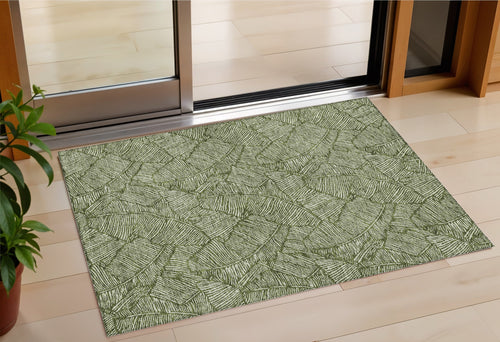 3 X 5 Olive Green And Light Green Floral Washable Indoor Outdoor Area Rug
