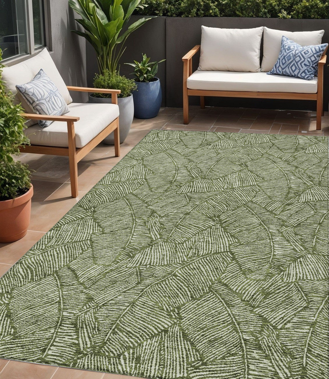 5 X 8 Olive Green And Light Green Floral Washable Indoor Outdoor Area Rug
