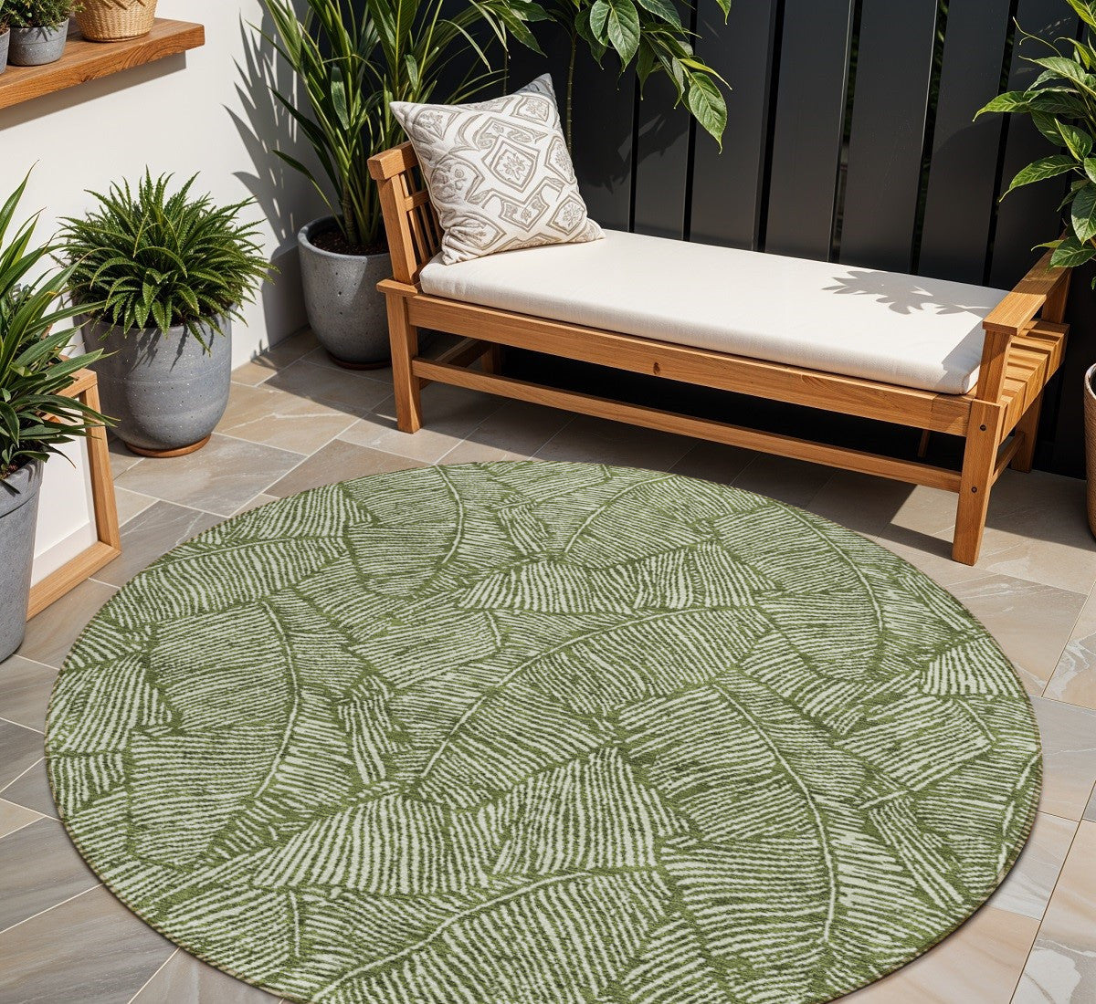 8 Olive Green And Light Green Round Floral Washable Indoor Outdoor Area Rug