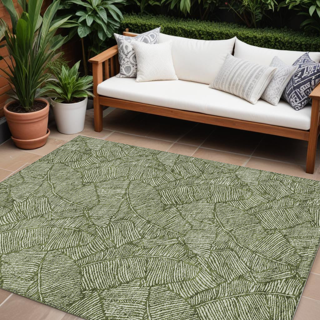 9 X 12 Olive Green And Light Green Floral Washable Indoor Outdoor Area Rug