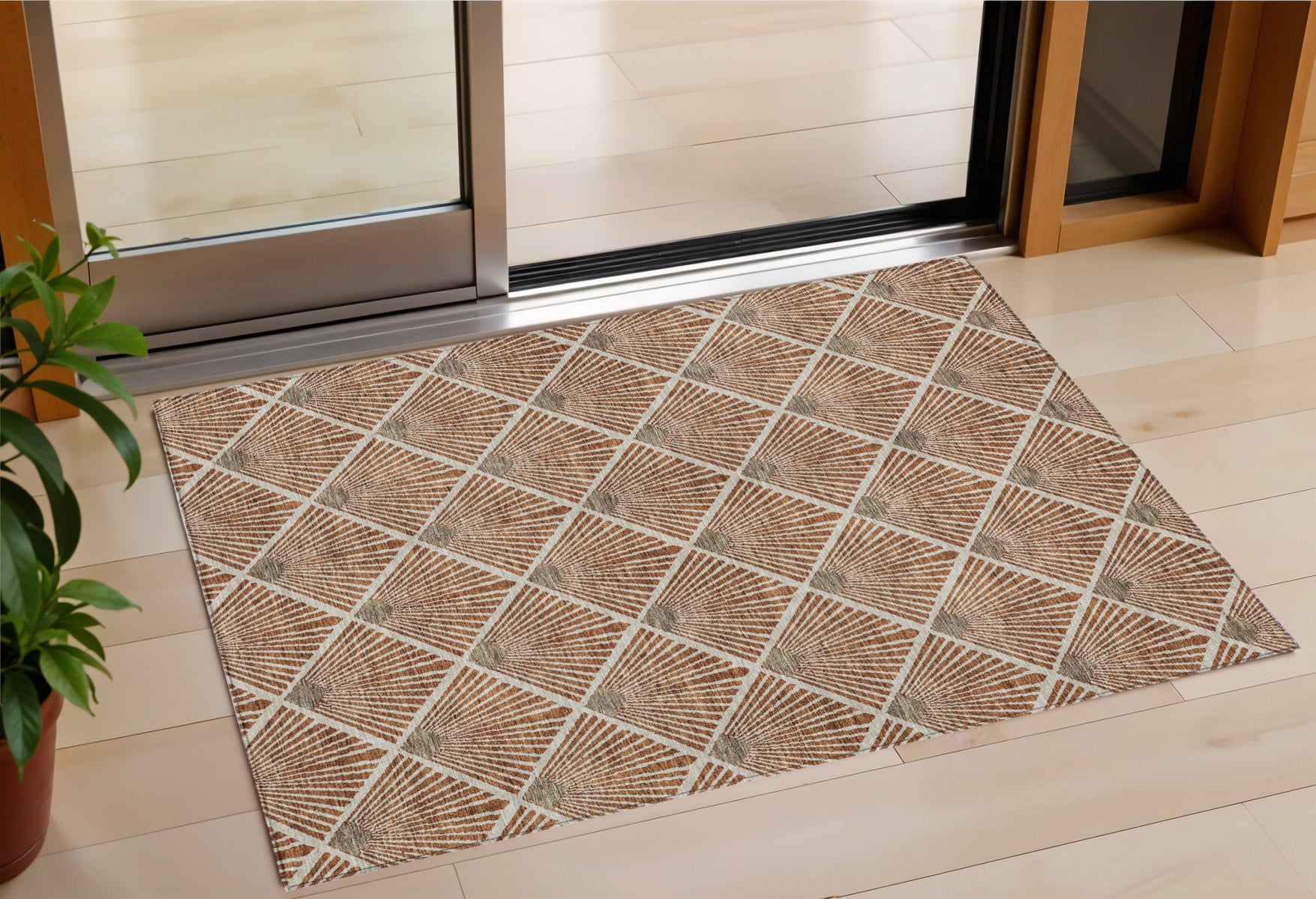 3 X 5 Brown Copper And Beige Geometric Washable Indoor Outdoor Area Rug