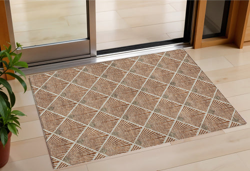 3 X 5 Brown Copper And Beige Geometric Washable Indoor Outdoor Area Rug