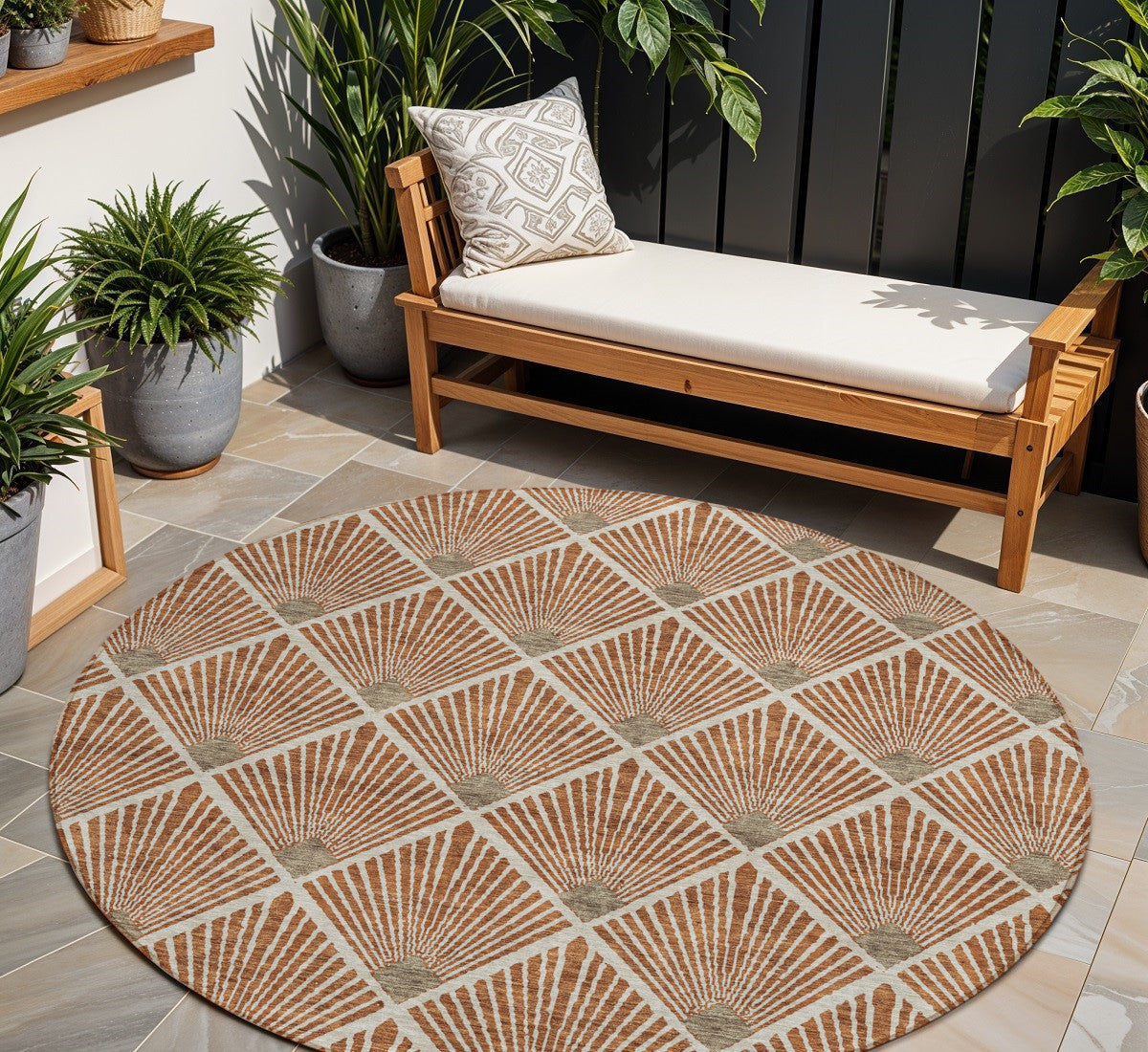 8 Brown Copper And Beige Round Geometric Washable Indoor Outdoor Area Rug