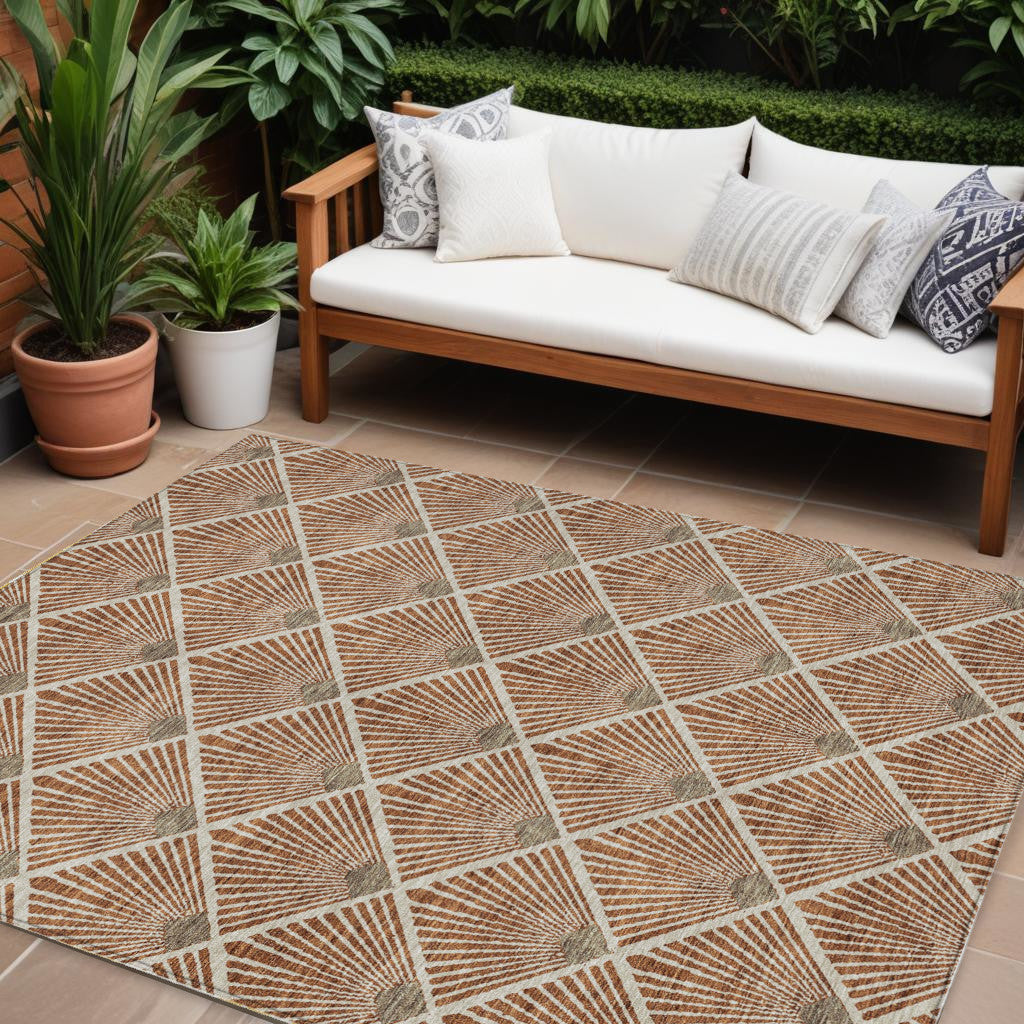 10 X 14 Brown Copper And Beige Geometric Washable Indoor Outdoor Area Rug