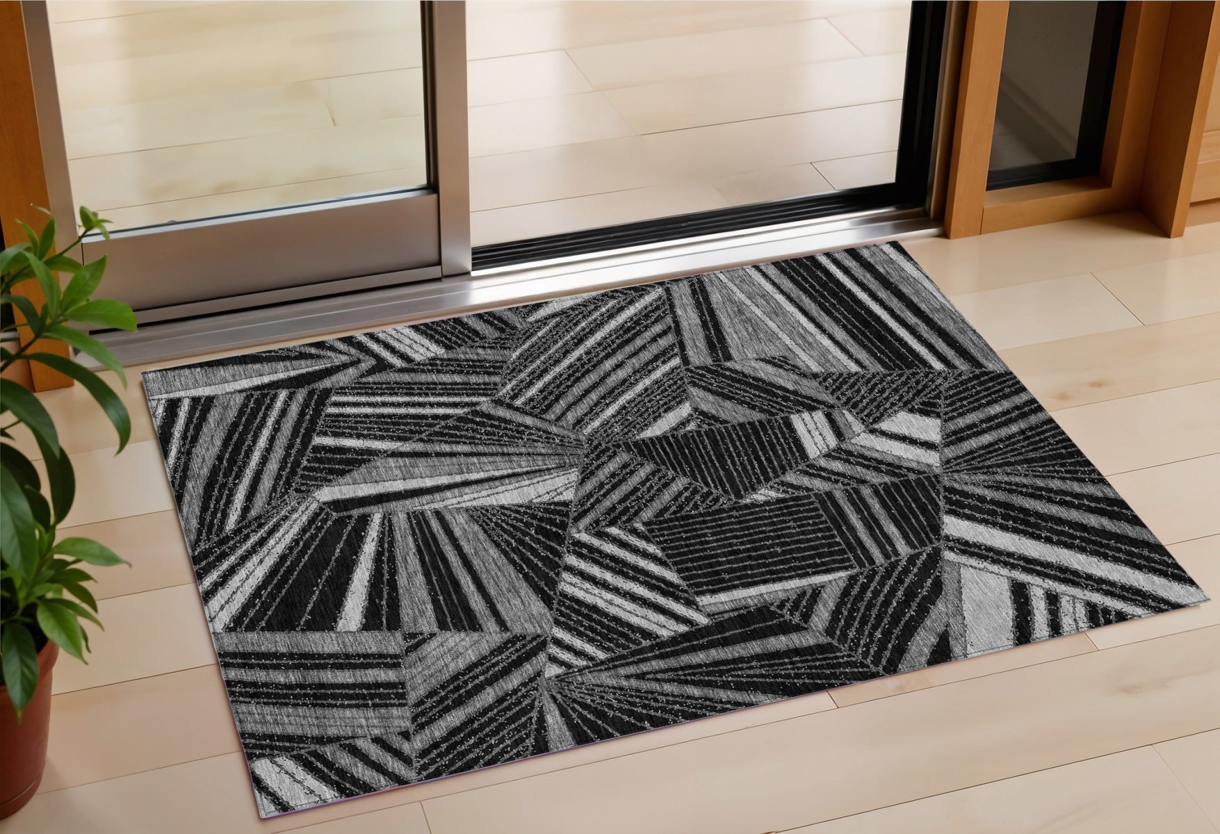 3 X 5 Black And Gray Geometric Washable Indoor Outdoor Area Rug