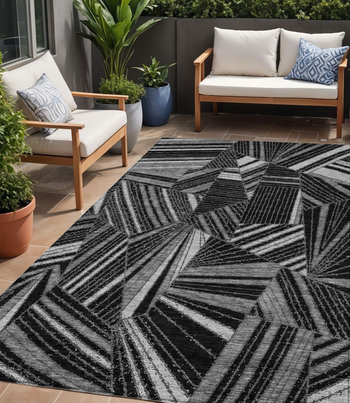 5 X 8 Black And Gray Geometric Washable Indoor Outdoor Area Rug