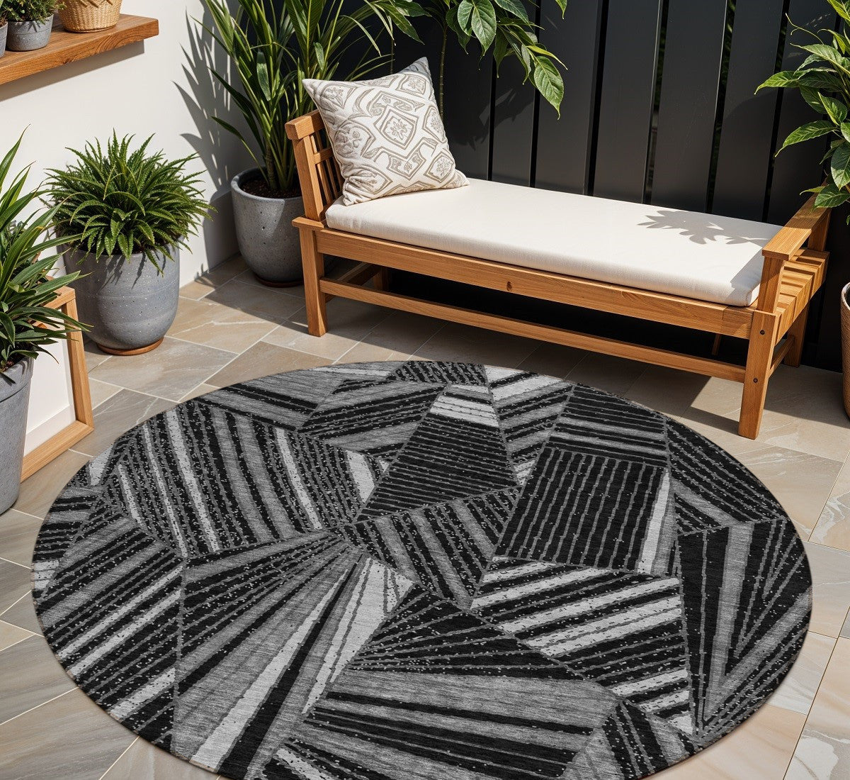 8 Black And Gray Round Geometric Washable Indoor Outdoor Area Rug