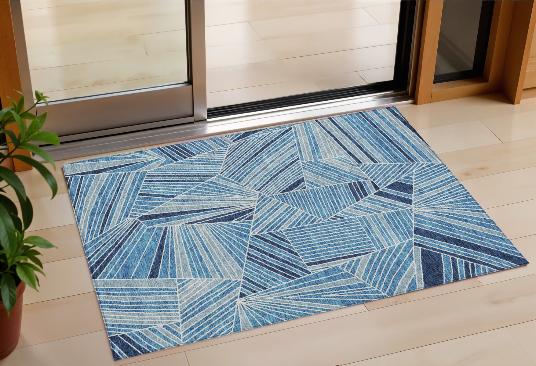 3 X 5 Blue And Teal Blue Geometric Washable Indoor Outdoor Area Rug