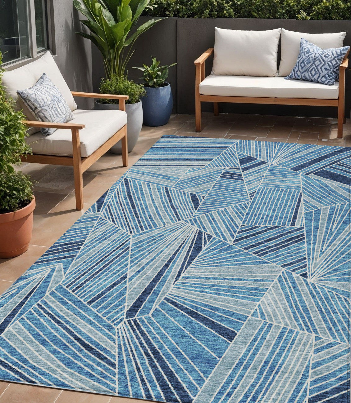 5 X 8 Blue And Teal Blue Geometric Washable Indoor Outdoor Area Rug