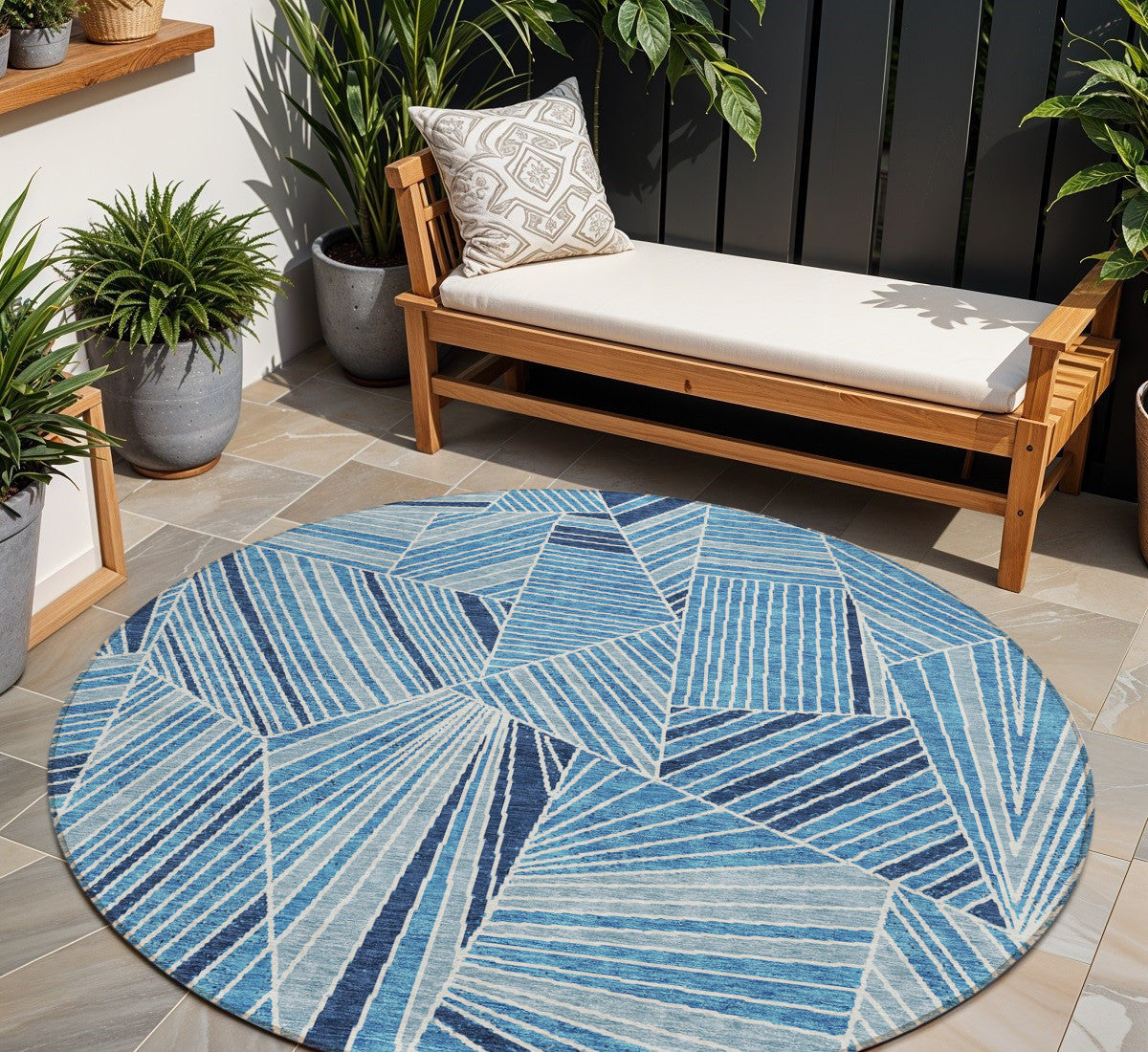 8 Blue And Teal Blue Round Geometric Washable Indoor Outdoor Area Rug