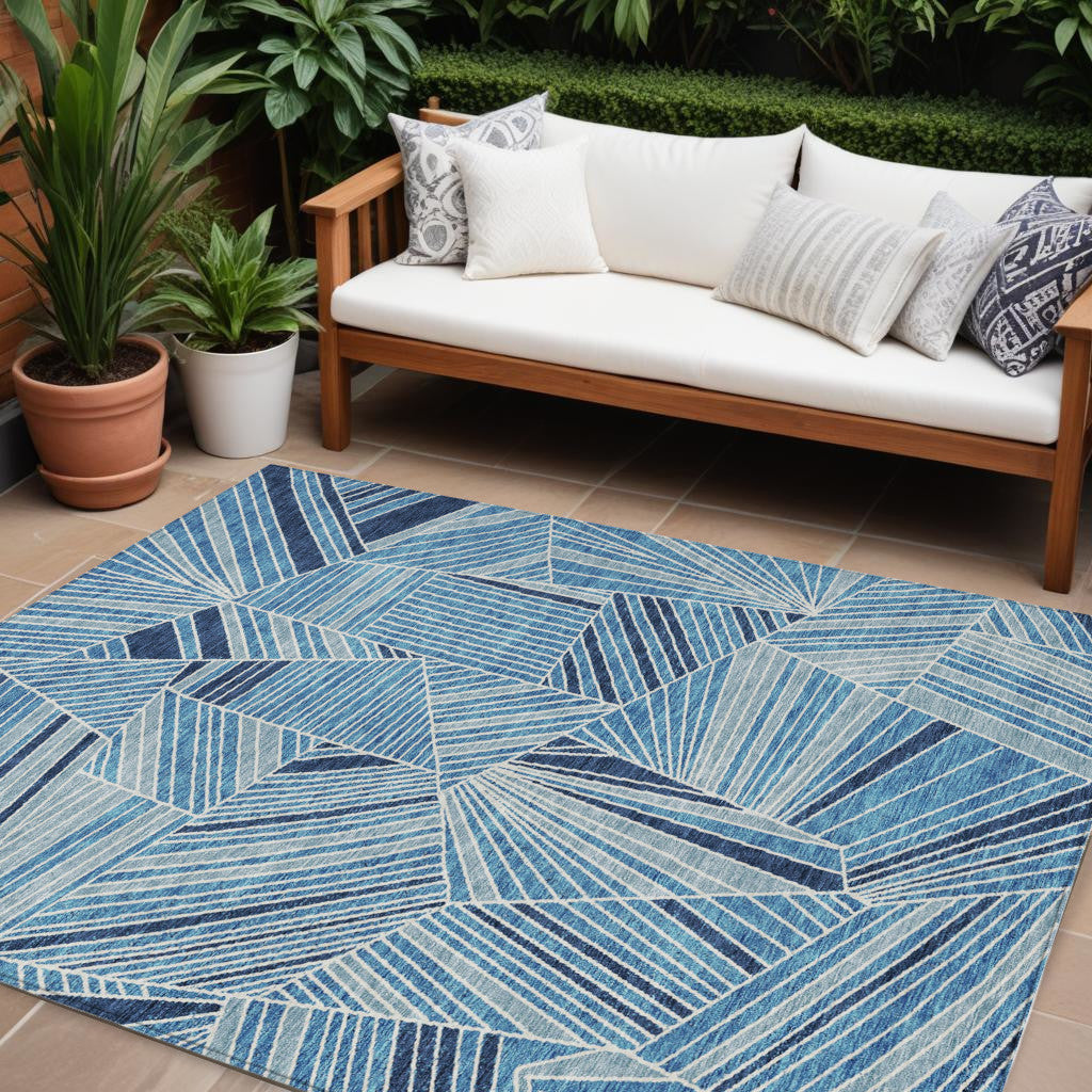 10 X 14 Blue And Teal Blue Geometric Washable Indoor Outdoor Area Rug