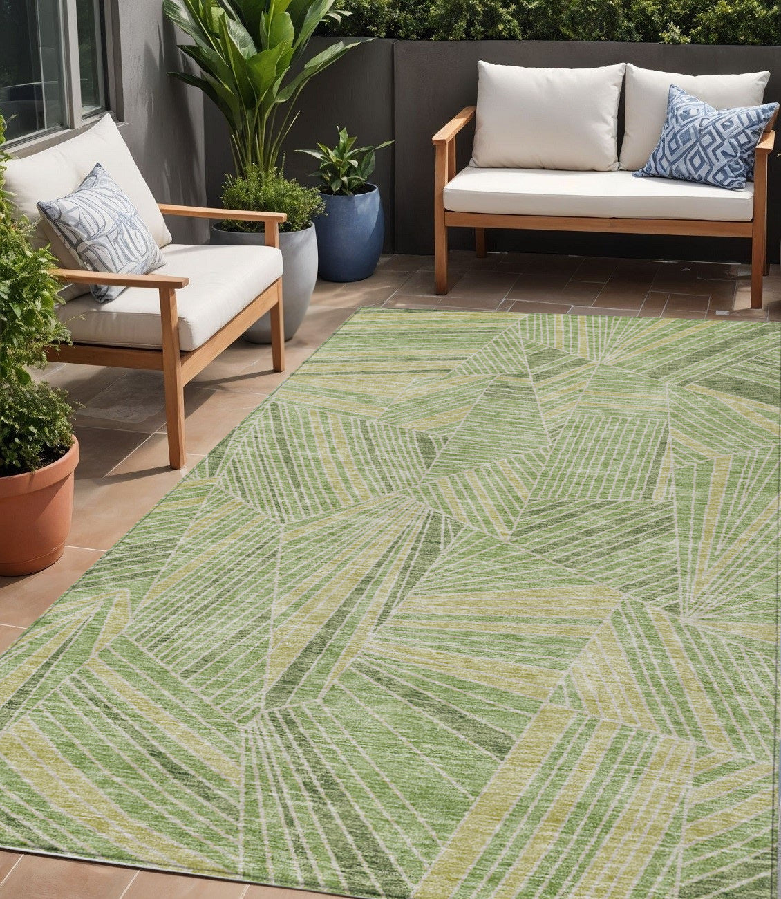 5 X 8 Green And Olive Green Geometric Washable Indoor Outdoor Area Rug