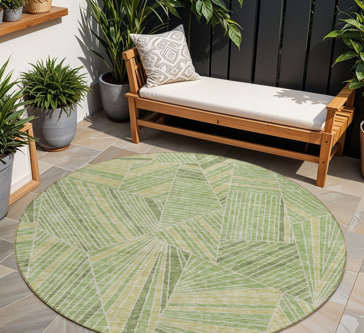 8 Green And Olive Green Round Geometric Washable Indoor Outdoor Area Rug