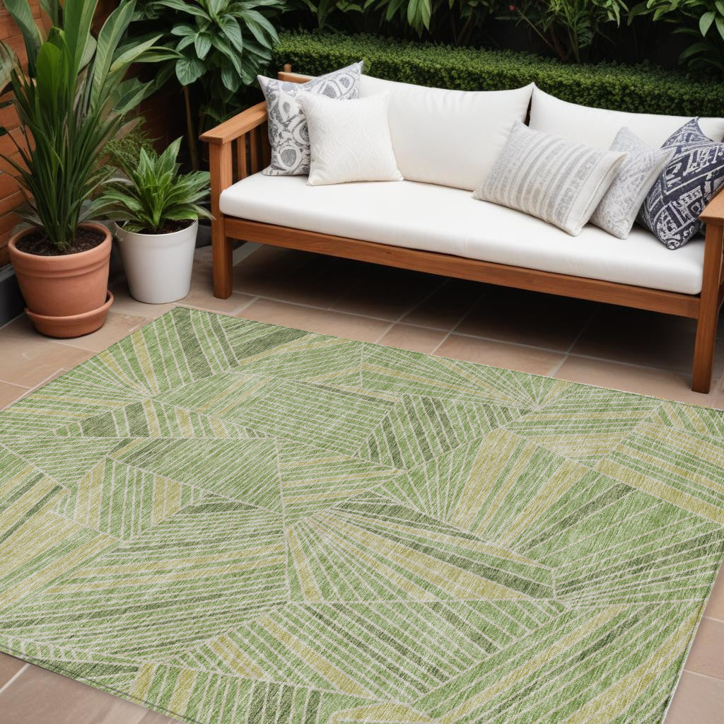 10 X 14 Green And Olive Green Geometric Washable Indoor Outdoor Area Rug