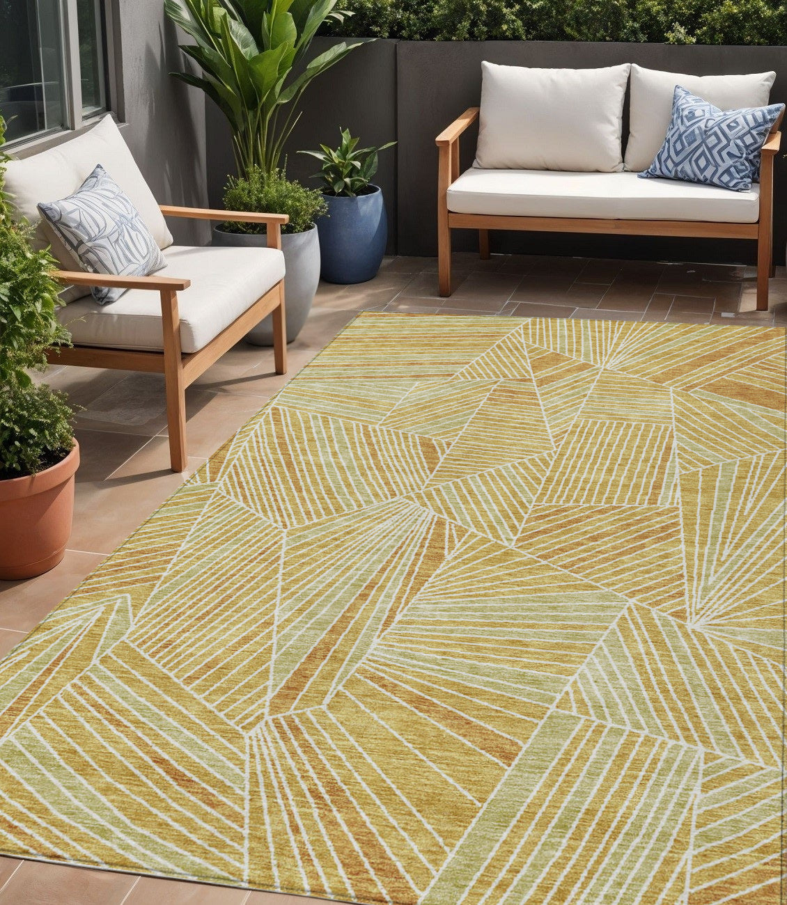 5 X 8 Gold Copper And Brown Geometric Washable Indoor Outdoor Area Rug