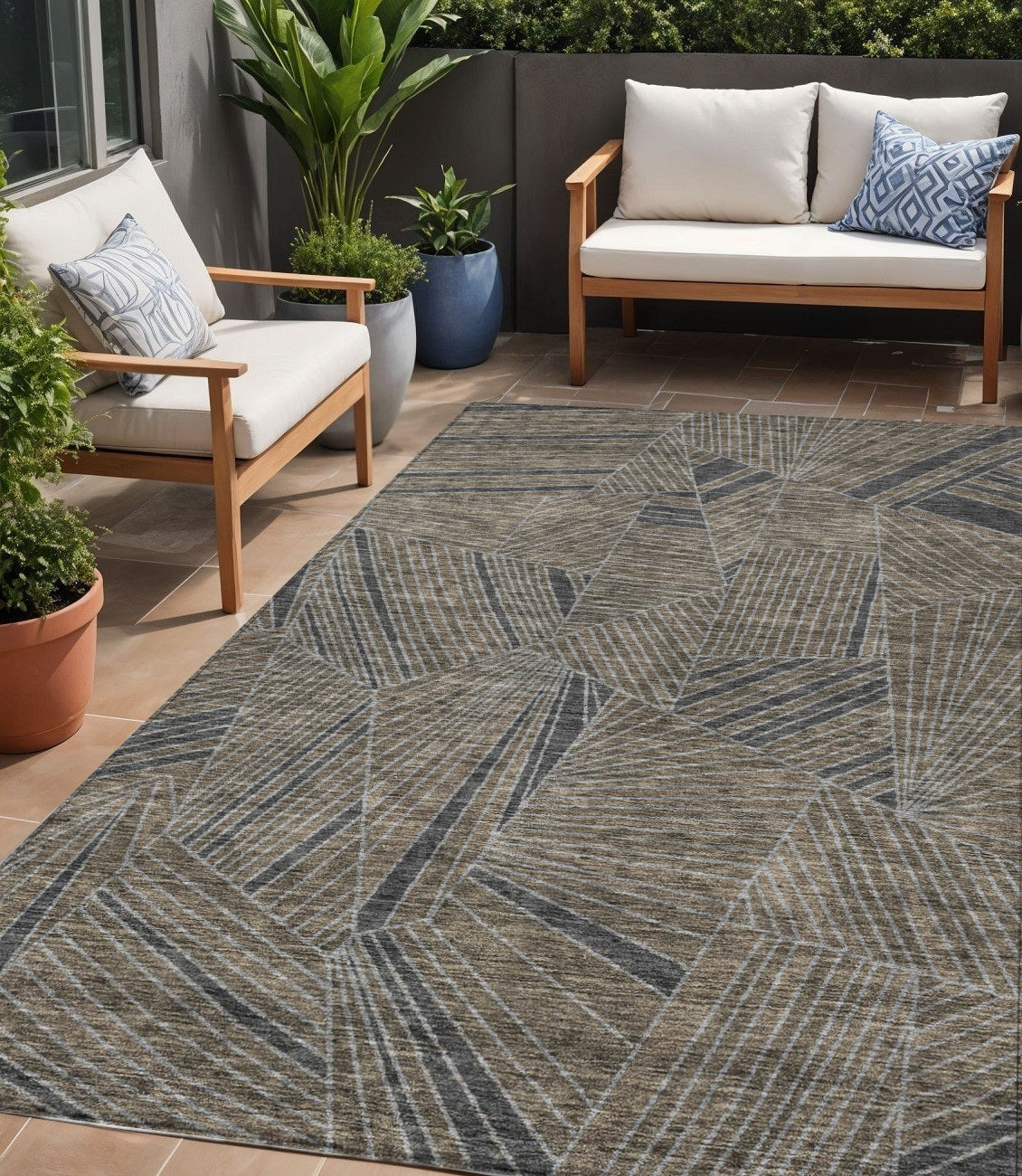 5 X 8 Brown Black And Gray Geometric Washable Indoor Outdoor Area Rug
