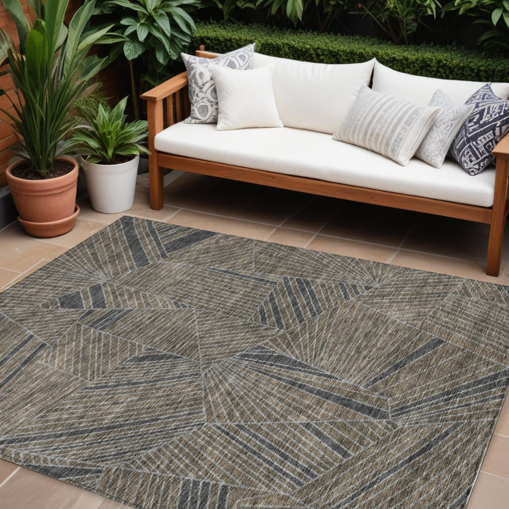 10 X 14 Brown Black And Gray Geometric Washable Indoor Outdoor Area Rug