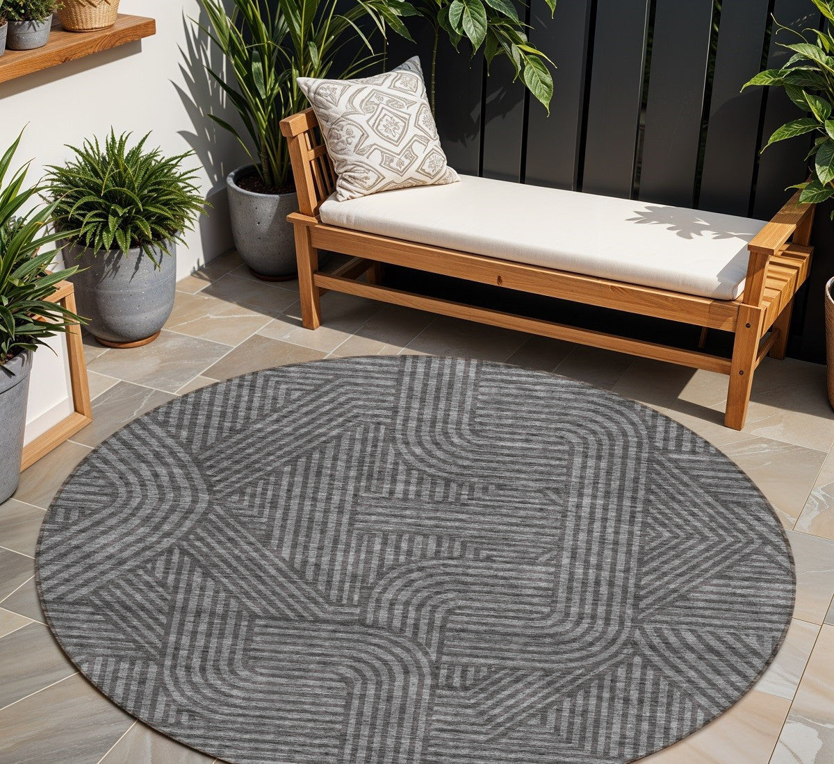 8 Charcoal And Gray Round Abstract Washable Indoor Outdoor Area Rug