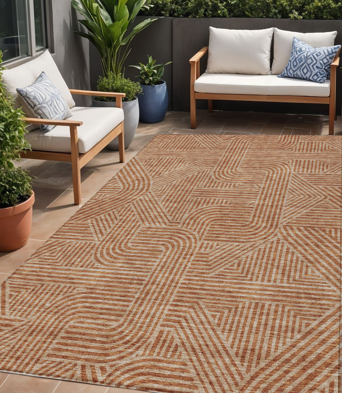 5 X 8 Terra Cotta And Brown Abstract Washable Indoor Outdoor Area Rug