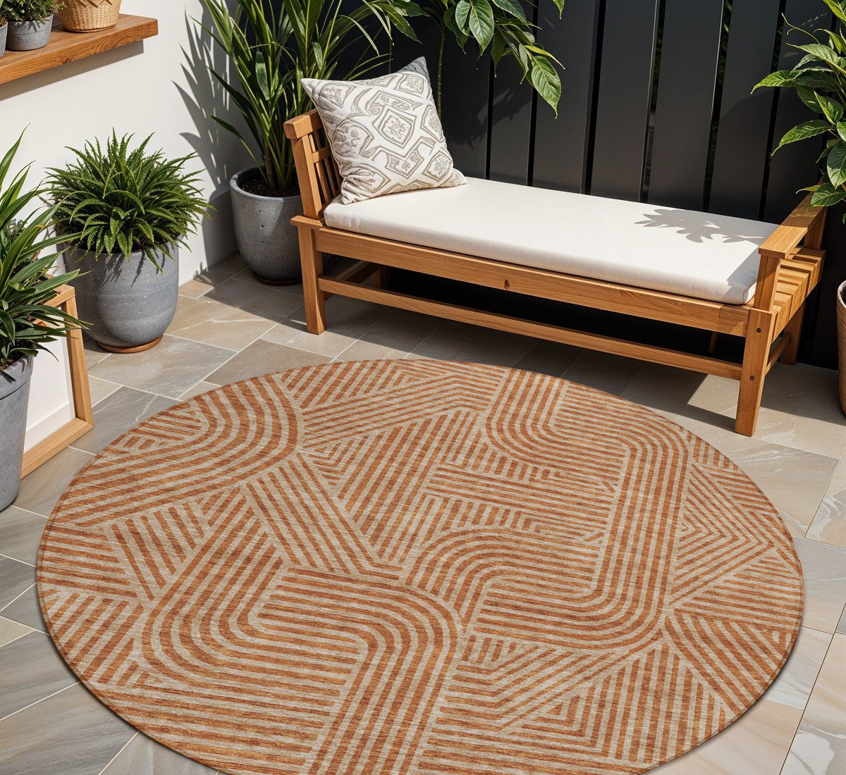 8 Terra Cotta And Brown Round Abstract Washable Indoor Outdoor Area Rug