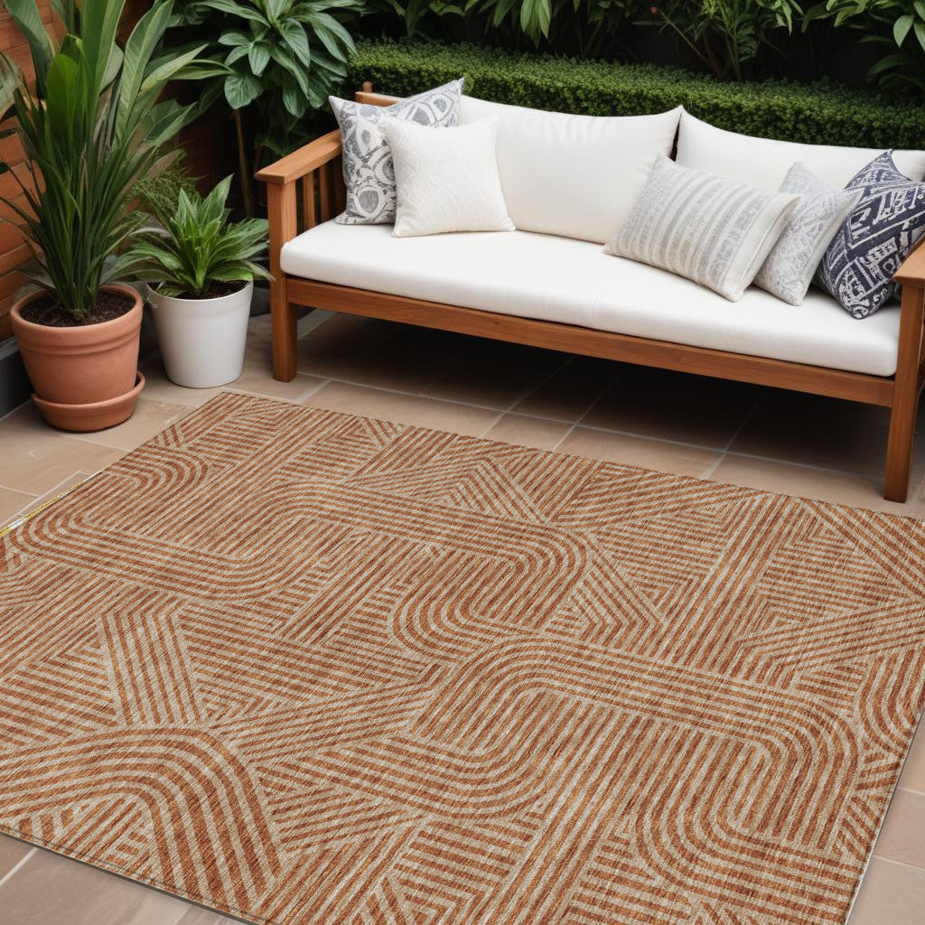9 X 12 Terra Cotta And Brown Abstract Washable Indoor Outdoor Area Rug