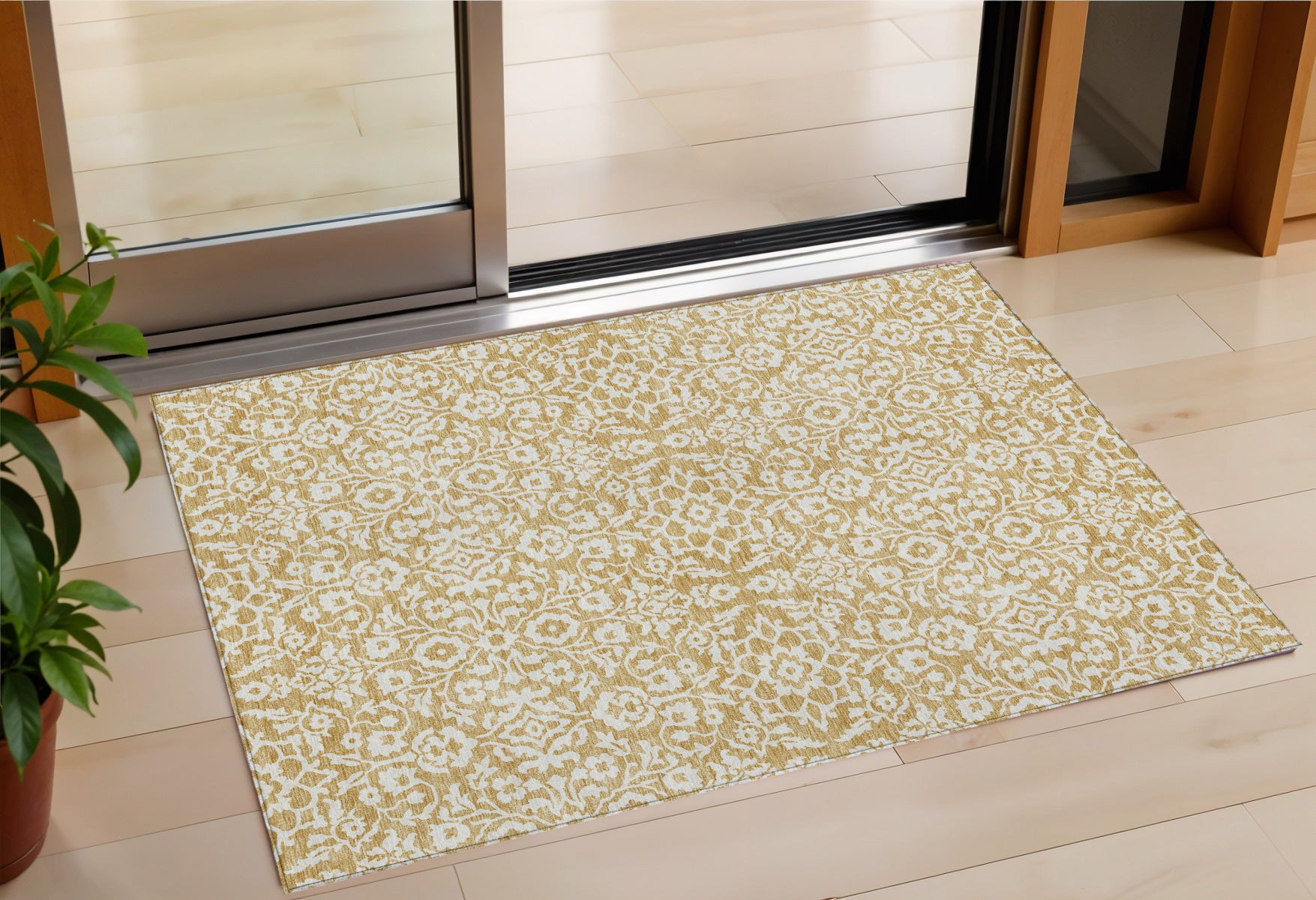 3 X 5 Gold And Beige Damask Washable Indoor Outdoor Area Rug