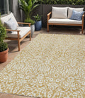 5 X 8 Gold And Beige Damask Washable Indoor Outdoor Area Rug