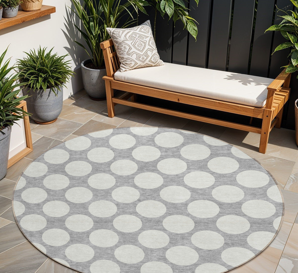 8 Gray And Silver Round Polka Dot Washable Indoor Outdoor Area Rug