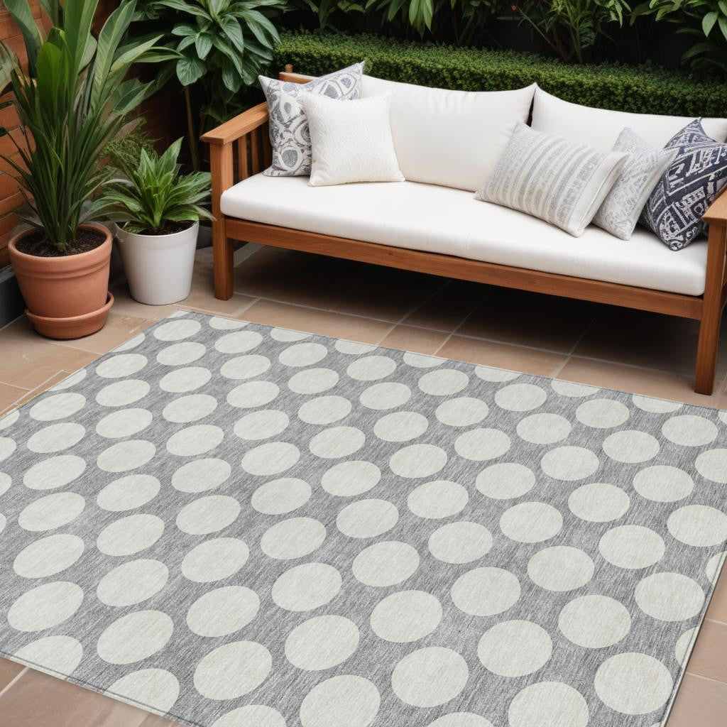 8 X 10 Gray And Silver Polka Dot Washable Indoor Outdoor Area Rug