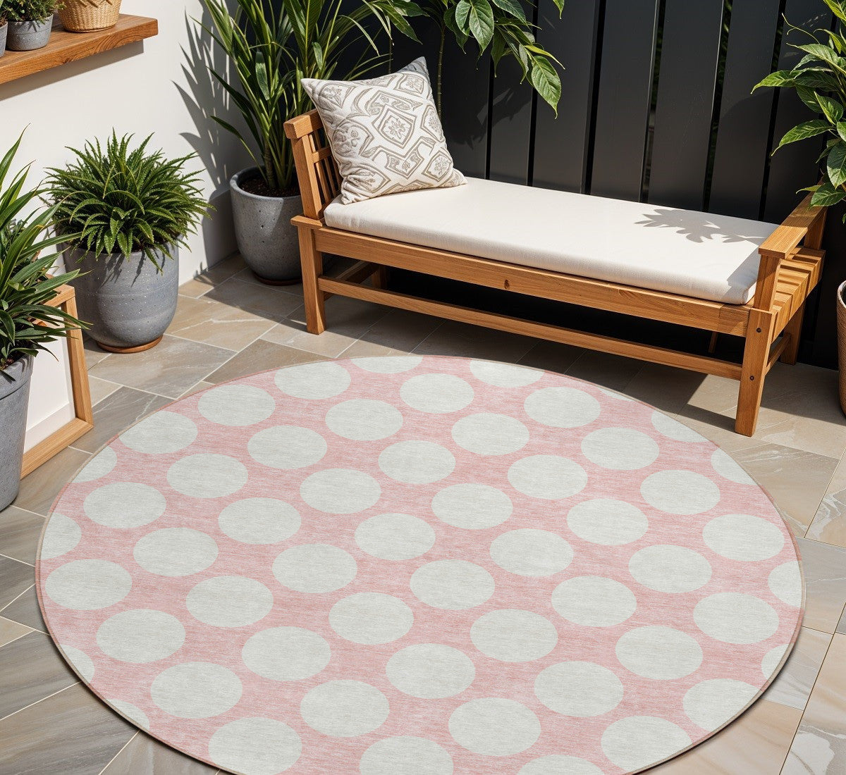 8 Pink And Gray Round Polka Dot Washable Indoor Outdoor Area Rug