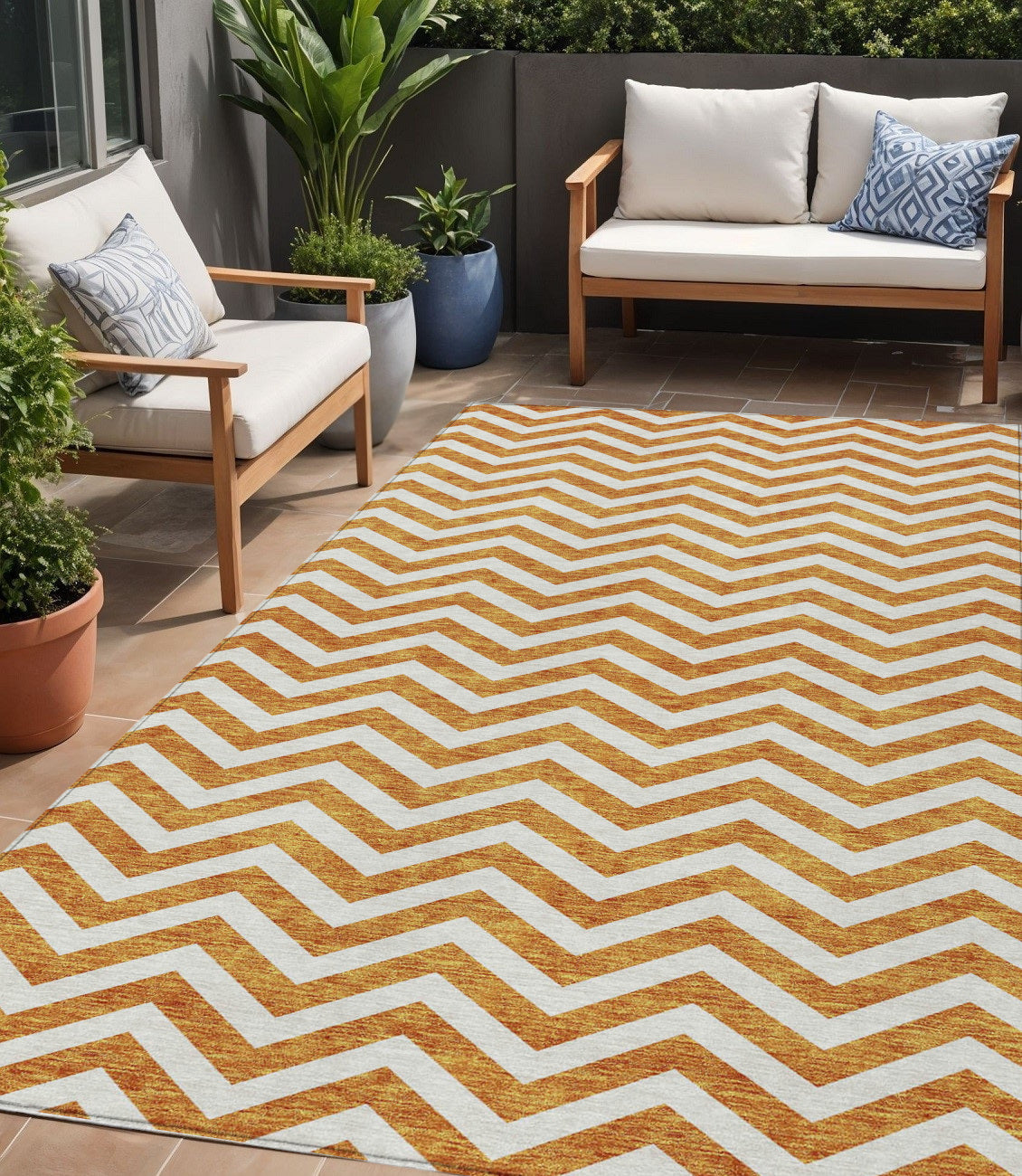 5 X 8 Orange And Beige Chevron Washable Indoor Outdoor Area Rug