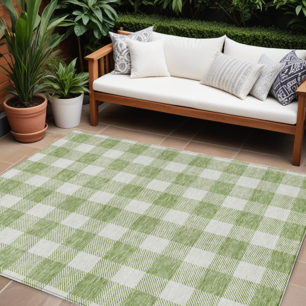 8 X 10 Artichoke Green And Gray Plaid Washable Indoor Outdoor Area Rug