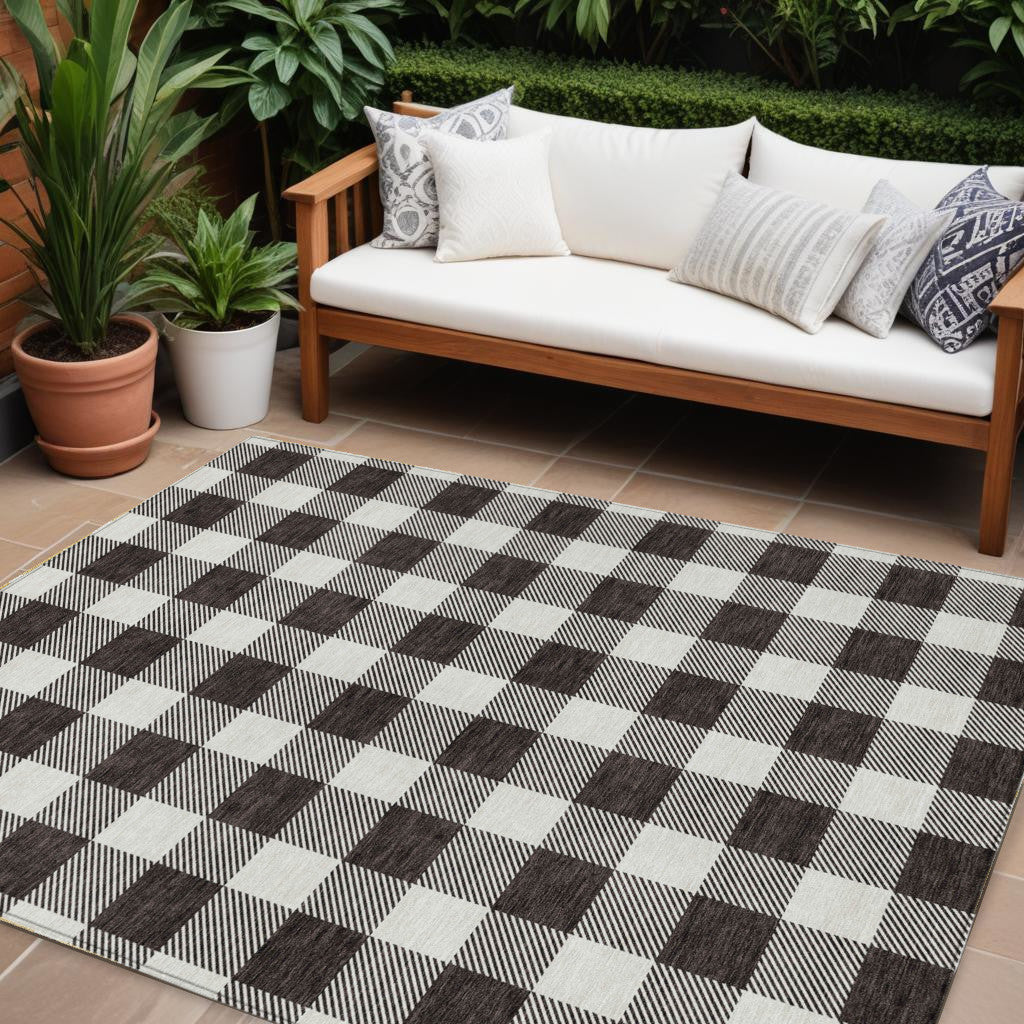 8 X 10 Black And Gray Plaid Washable Indoor Outdoor Area Rug