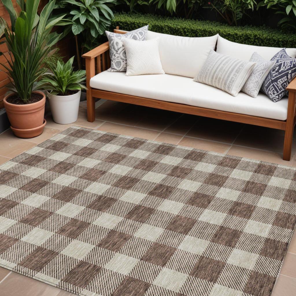 10 X 14 Brown And Beige Plaid Washable Indoor Outdoor Area Rug
