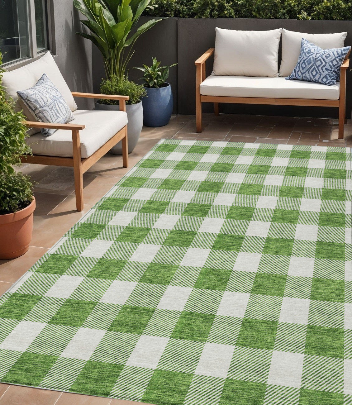 5 X 8 Green And Gray Plaid Washable Indoor Outdoor Area Rug