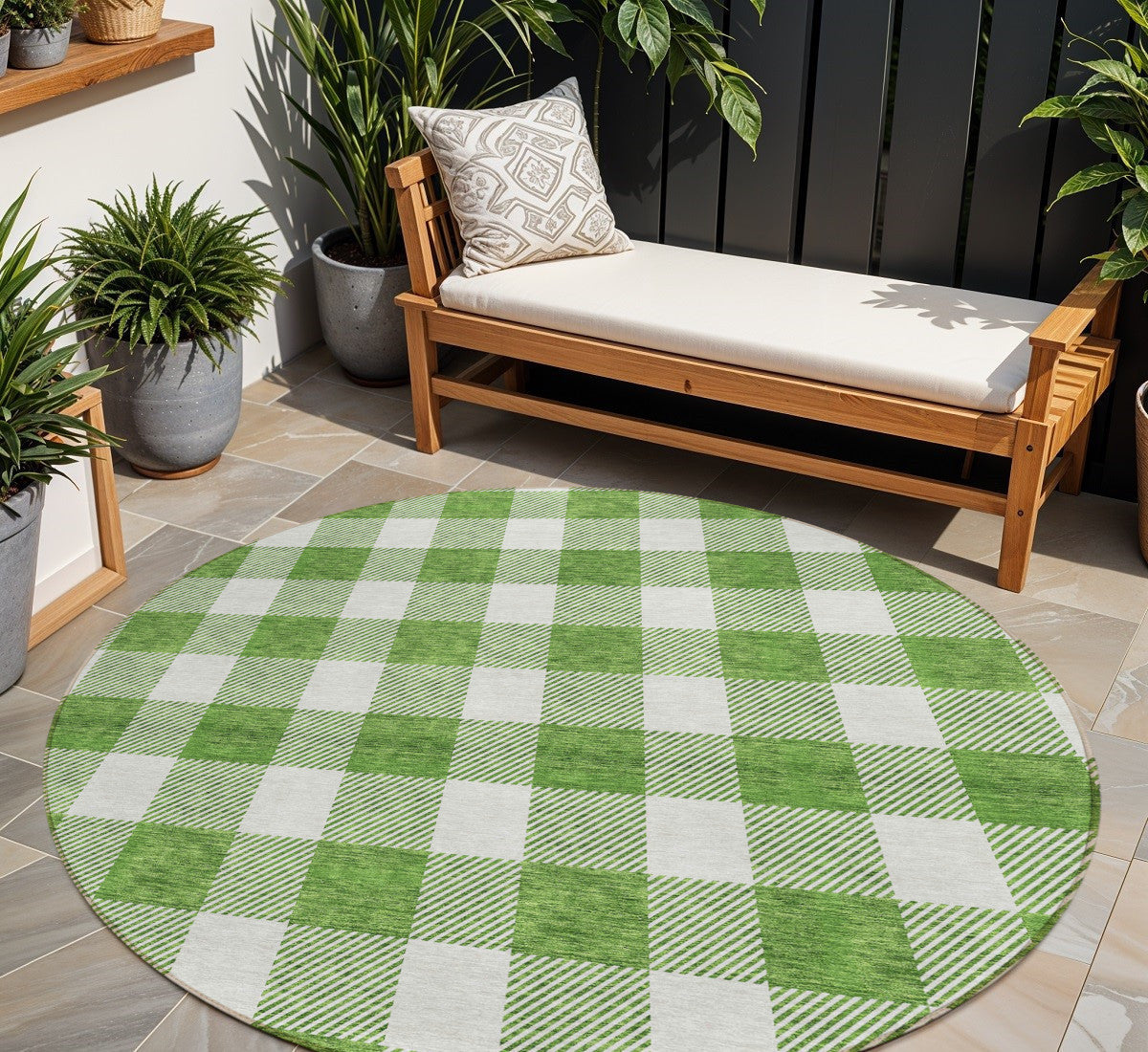 8 Green And Gray Round Plaid Washable Indoor Outdoor Area Rug