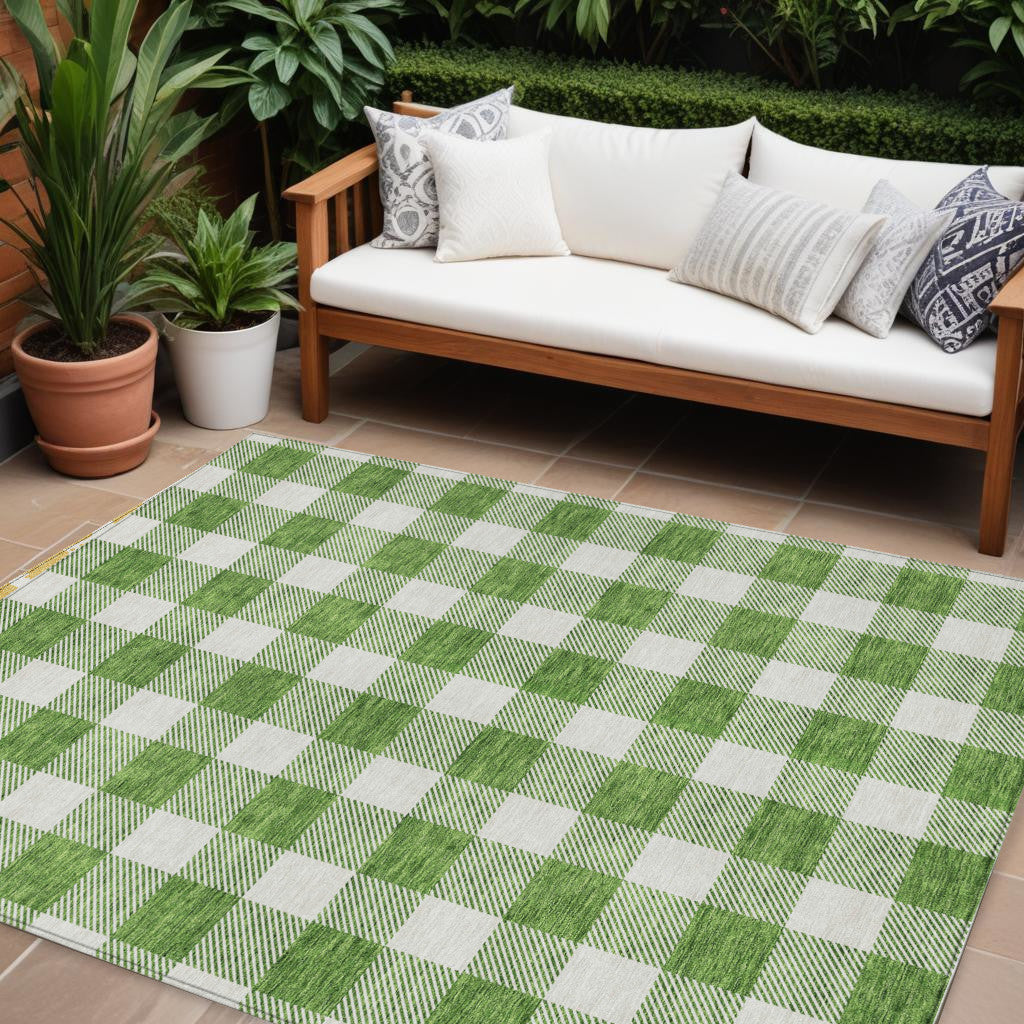 8 X 10 Green And Gray Plaid Washable Indoor Outdoor Area Rug