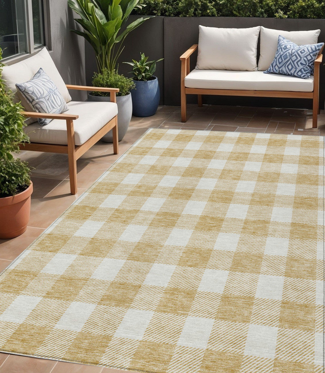 5 X 8 Gold And Beige Plaid Washable Indoor Outdoor Area Rug