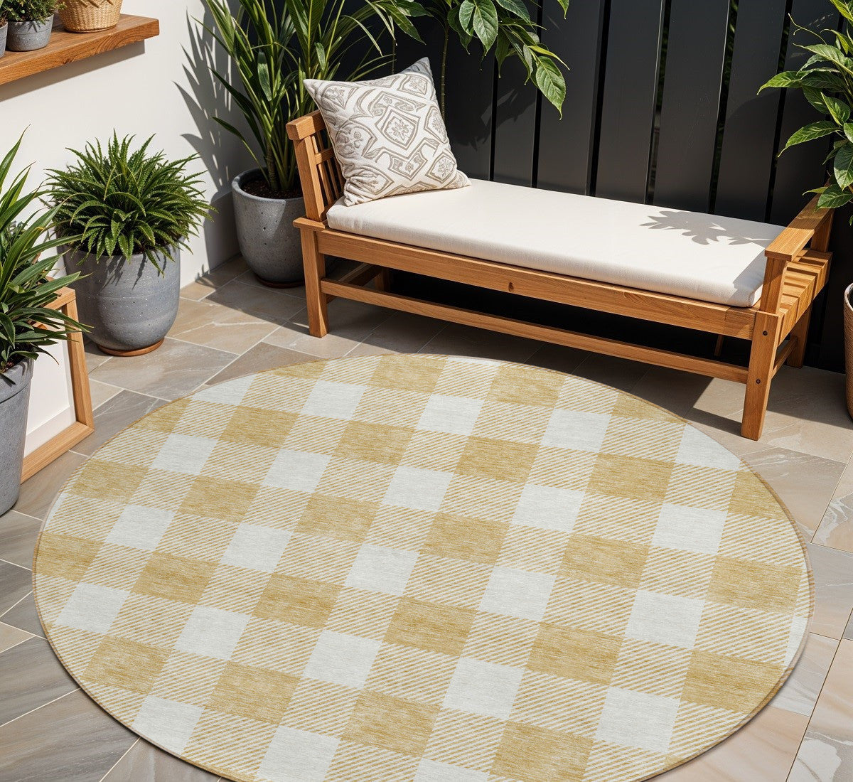 8 Gold And Beige Round Plaid Washable Indoor Outdoor Area Rug