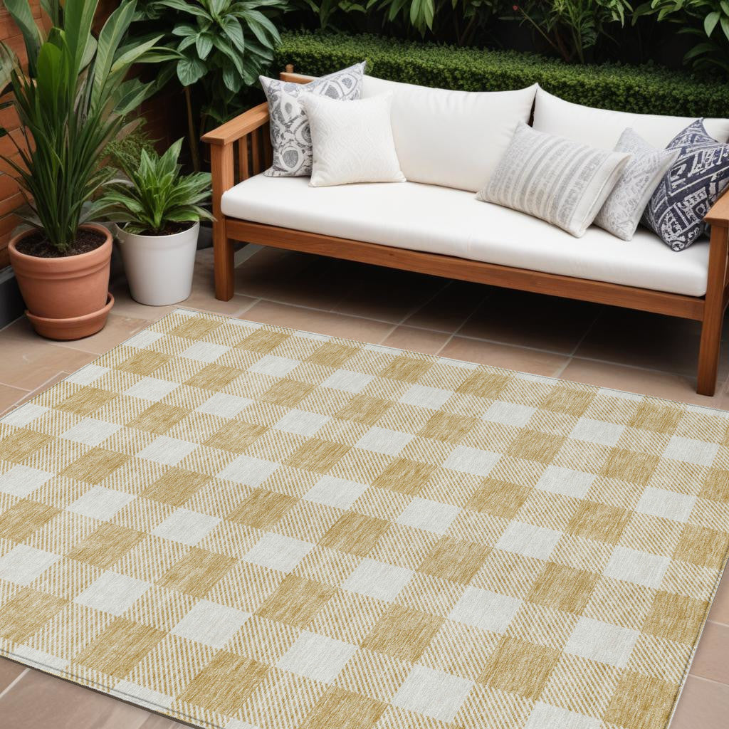8 X 10 Gold Plaid Washable Indoor Outdoor Area Rug
