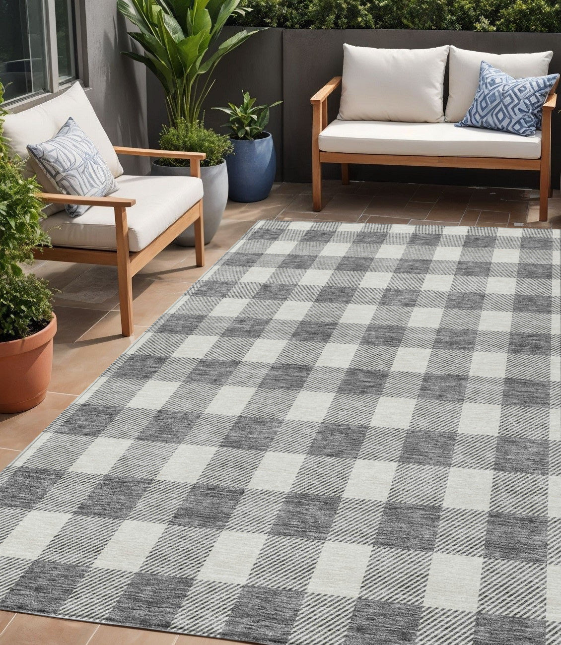 5 X 8 Gray And Charcoal Plaid Washable Indoor Outdoor Area Rug