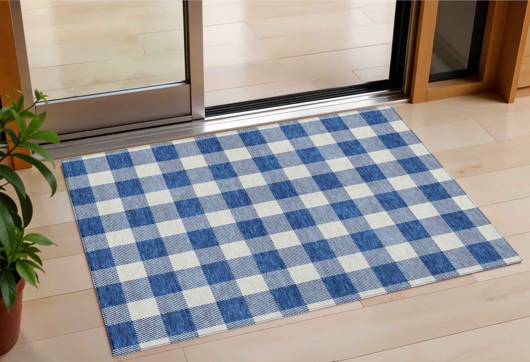 3 X 5 Navy Blue And Gray Plaid Washable Indoor Outdoor Area Rug
