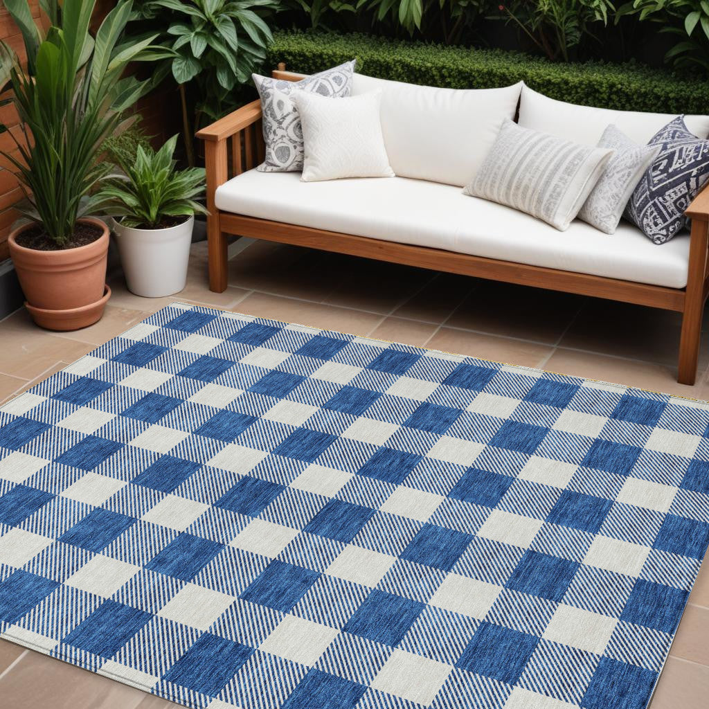 10 X 14 Navy Blue And Gray Plaid Washable Indoor Outdoor Area Rug